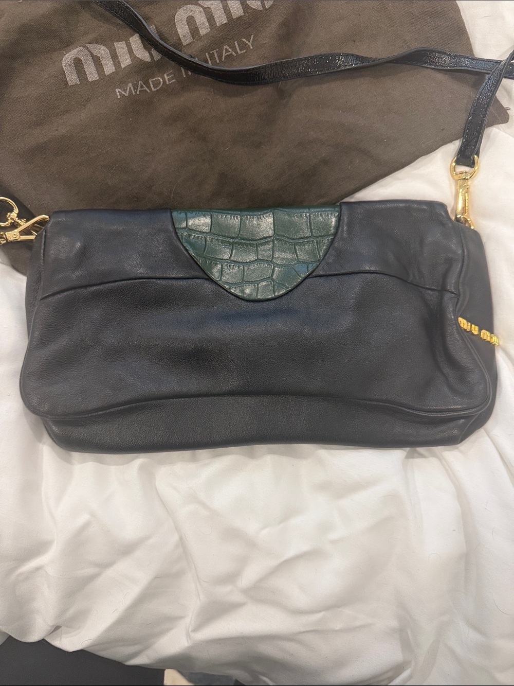 Miu Miu Green and Black Dragonfly Appliqué Leather Crossbody/Clutch - Picture 9 of 13